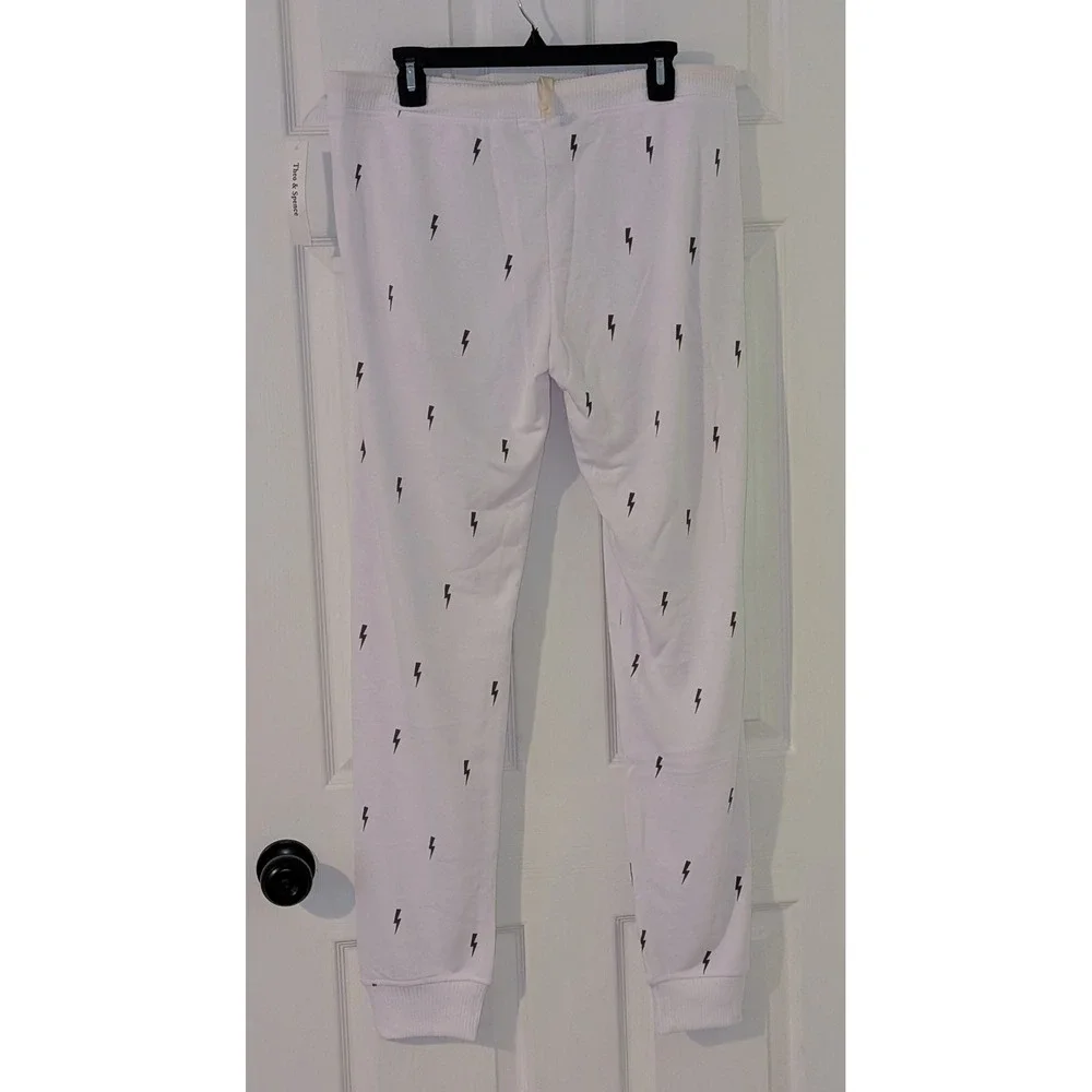Theo & Spence White Lightning Bolt Print‎ Jogger Lounge Pants - L NWT $54